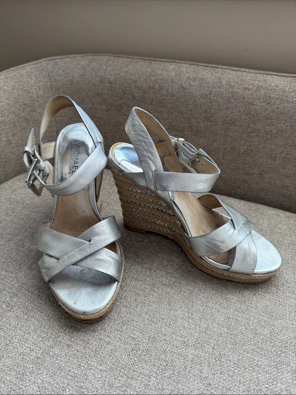 Michael Kors Metallic Silver Leather Espadrille Wedges